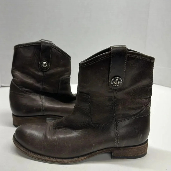 Frye Melissa Button Ankle Boots Leather Distressed Side Zip Up Slate Brown 6.5 B - Picture 2 of 12